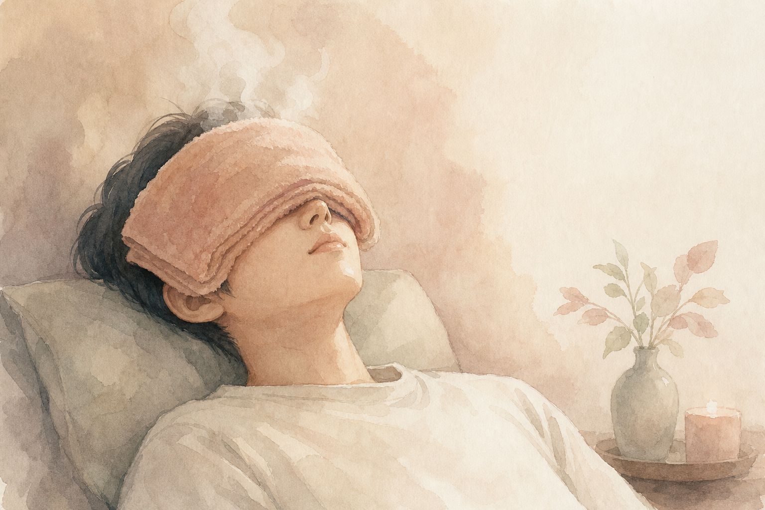 Applying a hot towel to eyes, closing eyes to relax